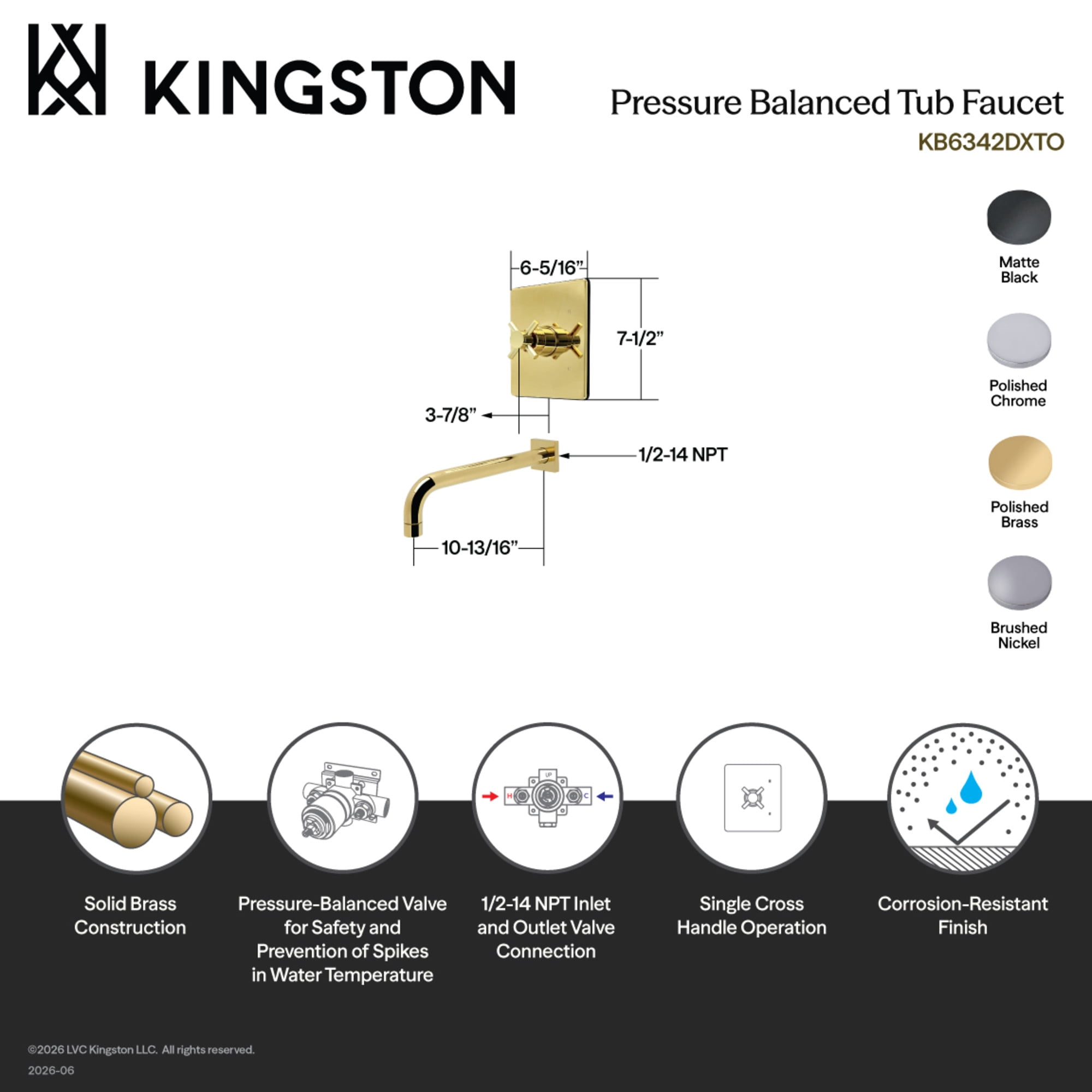 Kingston Brass KB6342DXTO Concord Single-Handle Pressure Balanced Tub Faucet in Polished Brass