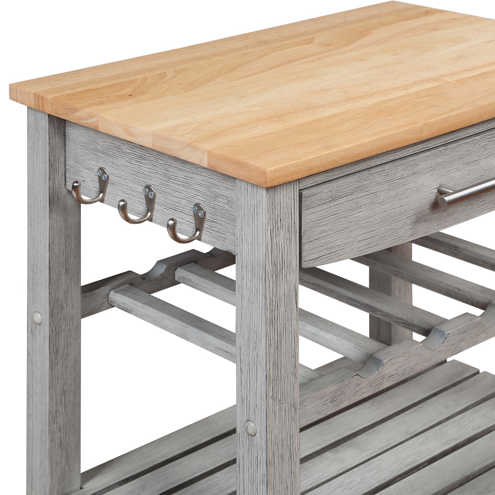 Convenience Concepts Ellaine 4 Tier Small Butcher Block Kitchen Island Cart with Drawer and Wine Rack, Wirebrush Light/Butcher Block