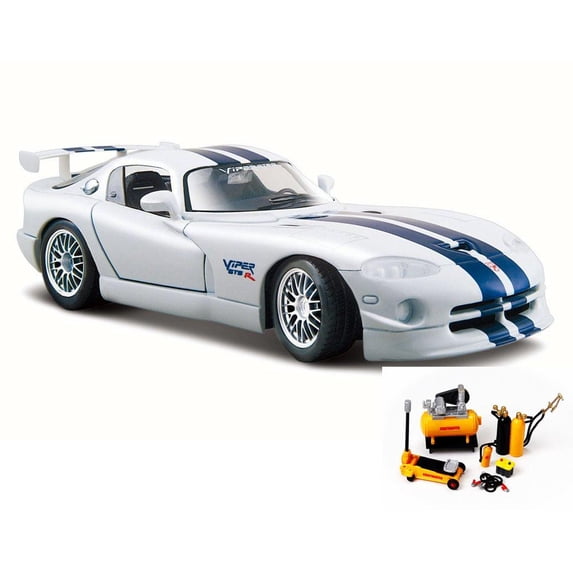 Diecast Car & Mechanic Set Package - 2013 Dodge Viper GT2, White w/ Blue Stripes - Maisto 31945 - 1/24 Scale Diecast Model Toy Car w/Mechanic Set