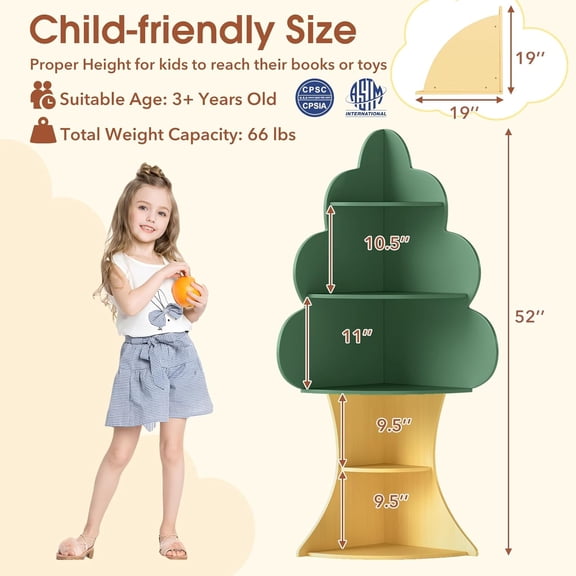 Tree Kids Bookshelf, 5-Tier Wooden Toddler Corner Bookcase with Storage Organizer for Nursery