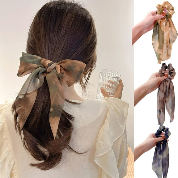 SPRING PARK 3PCS Chiffon Hair Scarf Scrunchies Bowknot Retro Ink Gradient Color Elastic Ribbon Hair Ties for Women Girls