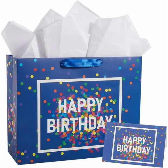 1 Set Happy Birthday Dots Bags Gift Wrap Bags Set 13x10.2x4.7in Large Rectangle Shopping Tissue Paper Greeting Card Blue Birthday Packet