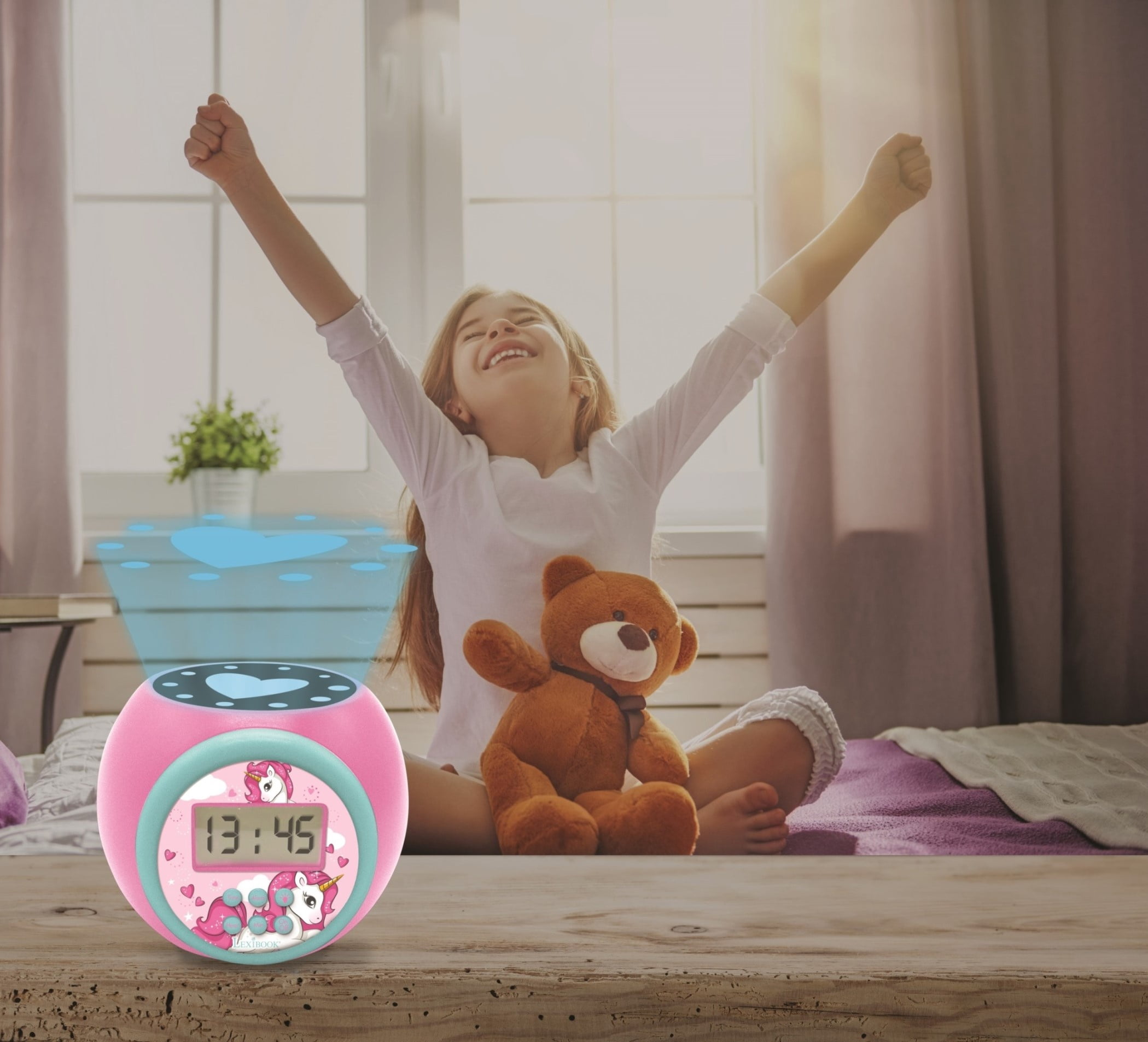 Lexibook Projector Alarm Clock Unicorn with Snooze Function and Alarm Function, Night Light with Timer , LCD Screen, Battery Operated, Pink