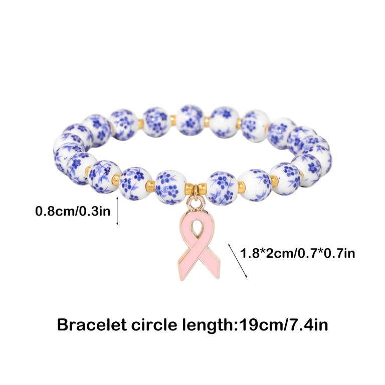Pink Natural Stone Beaded Bracelet - Breast Cancer Awareness Stretch Bangle With Message Card
