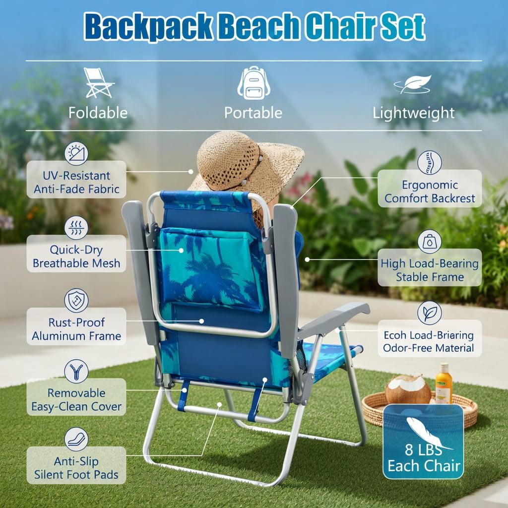 Hommoo 2-Pack Foldable Beach Chairs with Head Pillow, Adjustable Aluminum Frame, Waterproof PVC Seat, Peacock Blue