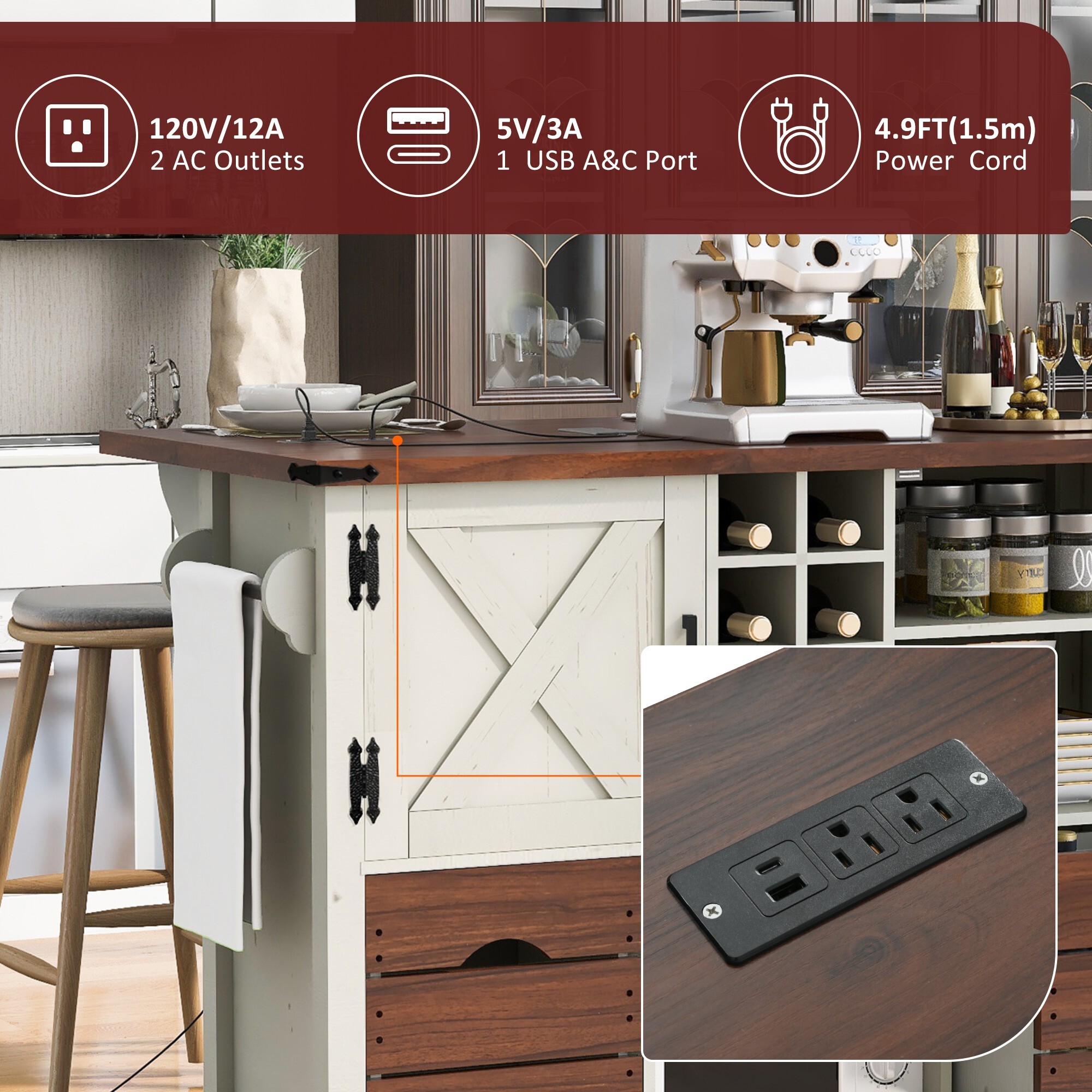 DEALTOPS Farmhouse Mobile Kitchen Island with Outlets | Foldable Tabletop, Drawers, Wine Rack | White with Rustic Brown