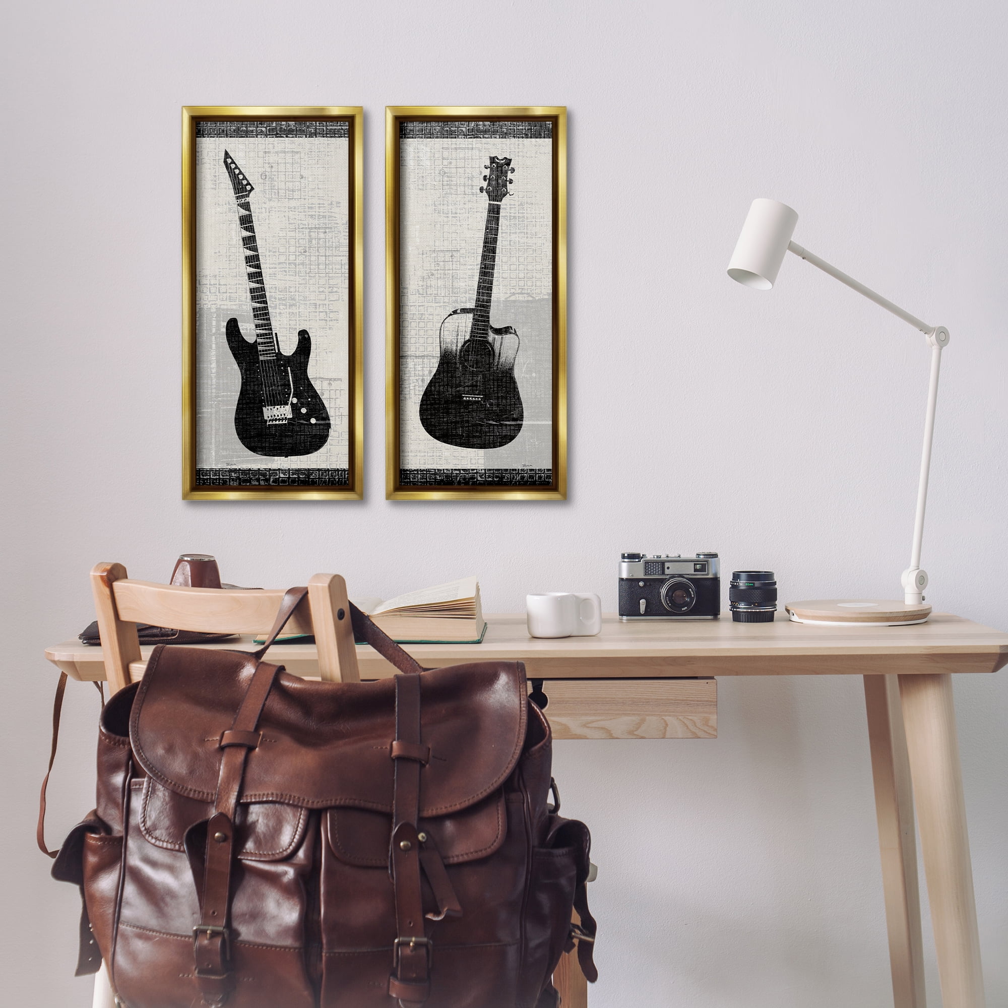 Stupell Industries Electric Acoustic Guitar Entertainment Painting Gold Floater Framed Canvas Art Print Wall Art, 11 x 25, Set of 2