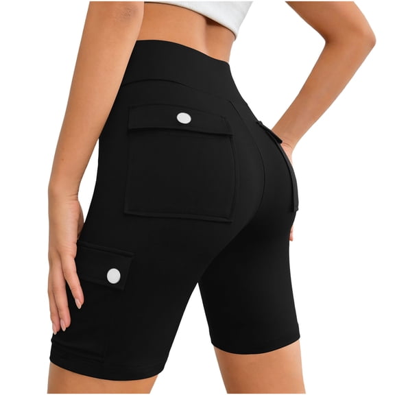 Stamzod Women's Cargo Biker Shorts High Waist Yoga Workout Gym Running Spandex Shorts with Pockets Black XL