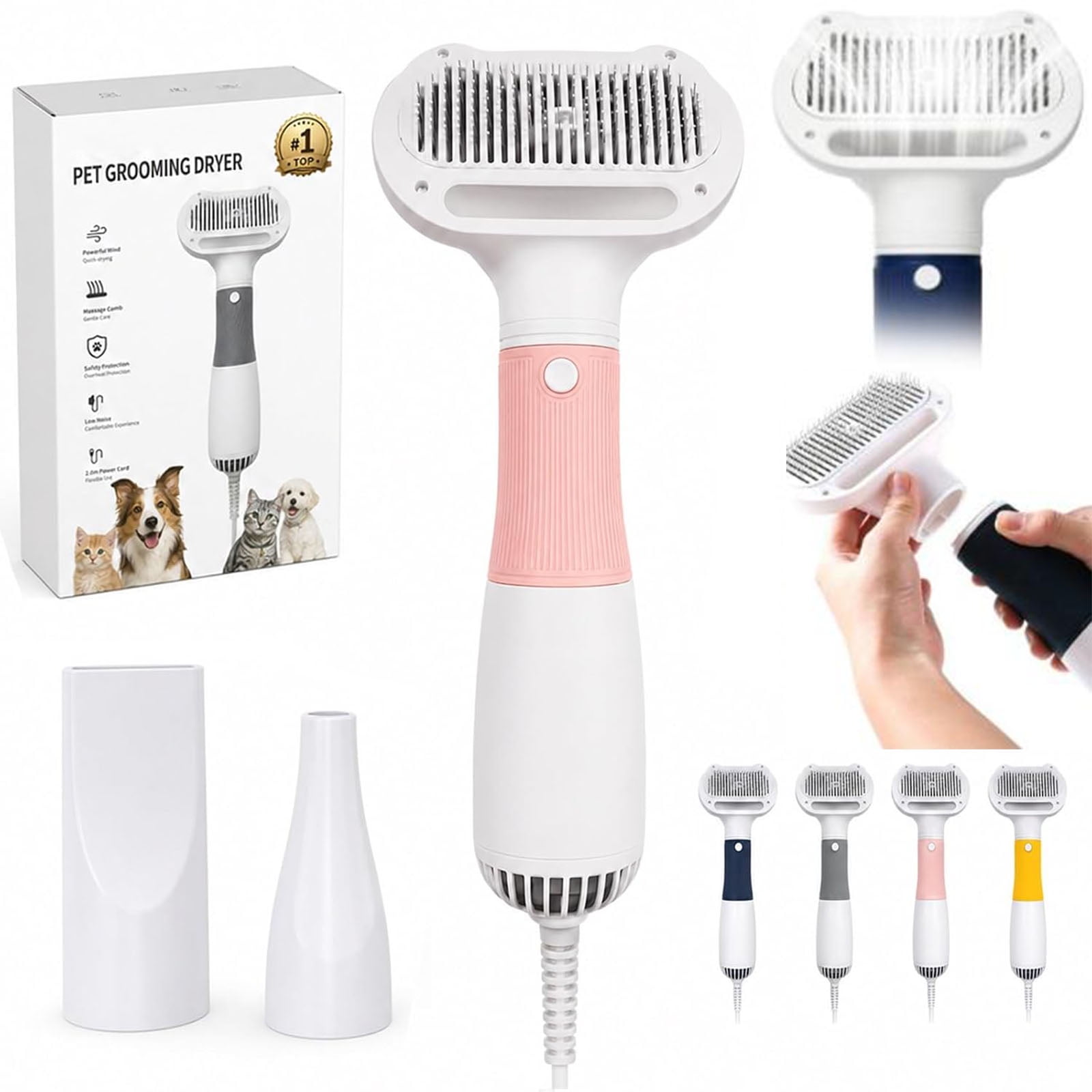 3 in 1 Pet Hair Dryers And Comb Brush Portable Quiet Handheld Slicker with Steam Deshedding Intelligent Airflow System (Pink)