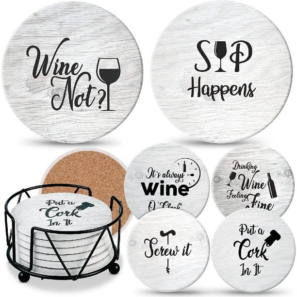 Coasters for Drinks Absorbents with Holder - 6 Pcs Gift Set with 6 Funny Sayings for Wine Lovers - Ceramic Stone with Corked Back, Unique Present for Housewarming, Living Room Decor Coasters for Drinks Absorbents with Holder - 6 Pcs Gift Set with 6 Funny Sayings for Wine Lovers - Ceramic Stone with Corked Back, Unique Present for Housewarming, Living Room Decor