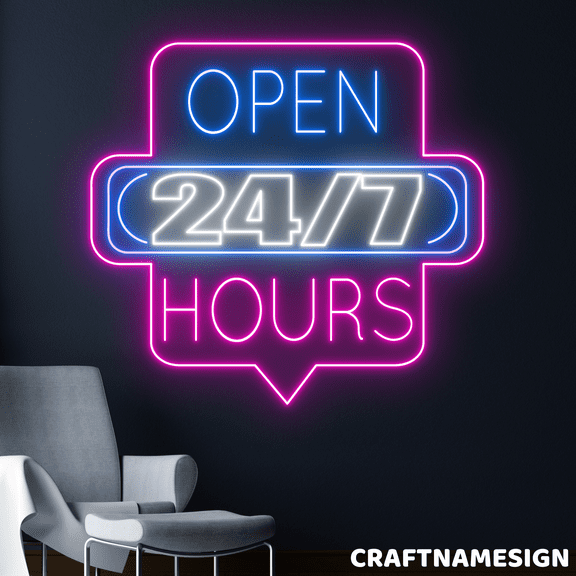 Craftnamesign Open 247 Hours Neon Sign, Open Sign Wall Art, Store Shop Wall Decor