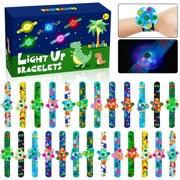 25 PCS Light Up Fidget Rotating Toy 25PCS Slap Bracelets, Dinosaur Party Favors Stocking Stuffers for Kids 4-8-12 Goodie Bag Stuffers Glow in The Dark Supplies Gifts
