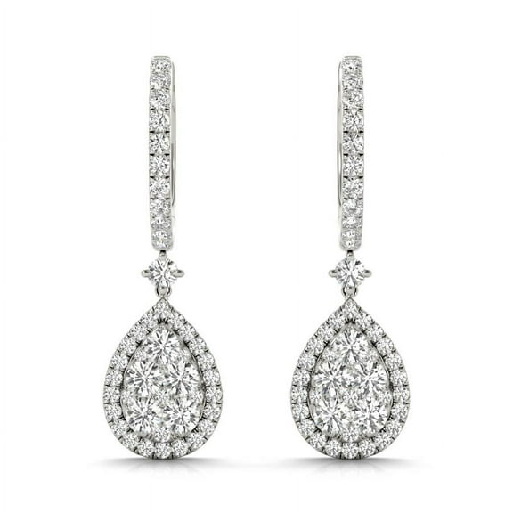 18K White Gold Small Huggies Pear Shape Dangling Diamonds Earrings