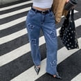 thumbnail image 4 of Retro Star Patch Wide Leg Jeans for Women High Waisted Distressed Star Applique Flared Denim Trousers Ideal for Streetwear All Occasions, 4 of 8
