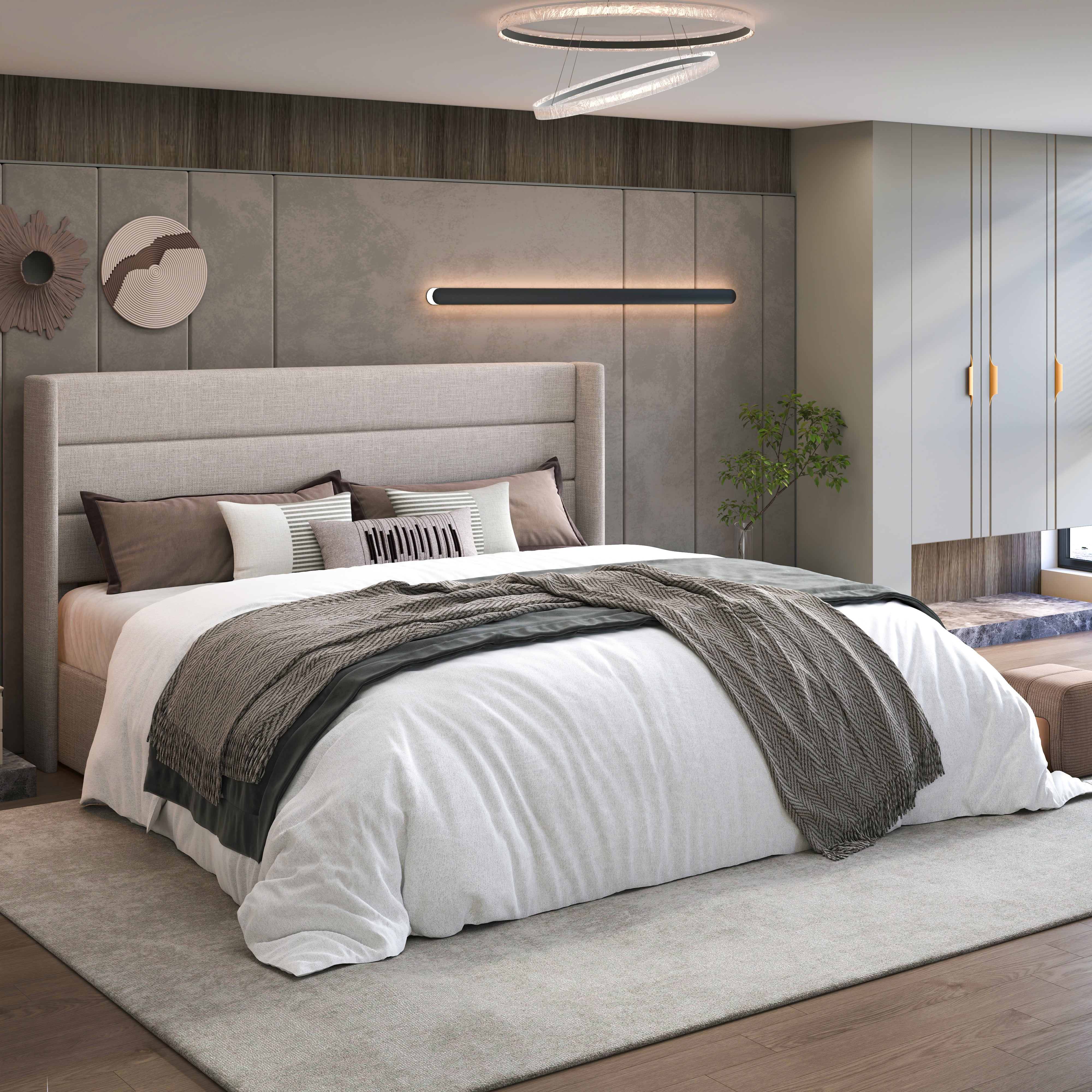 Sha Cerlin King Size Lift Up Hydraulic Storage Bed Frame, Platform Bed with Fabric Upholstered Wingback Headboard, No Box Spring Needed, Beige