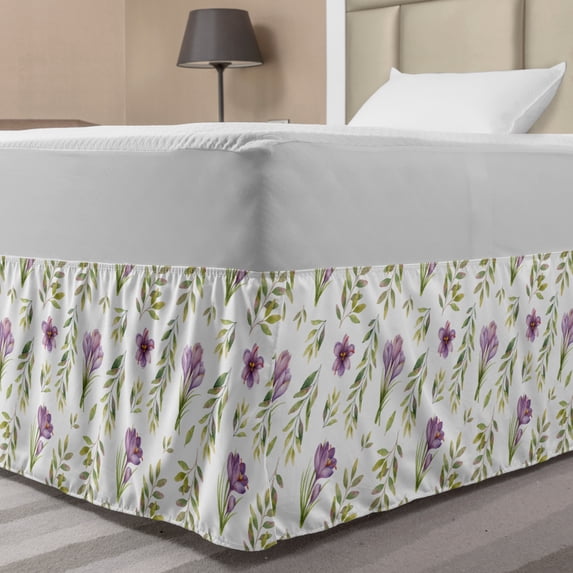 Green and Purple Bed Skirt, Pastel Toned Watercolor Garden Art Pattern with Flowers and Leaves, Elastic Bedskirt Dust Ruffle Wrap Around for Bedding Decor, 4 Sizes, Mauve Khaki White, by Ambesonne