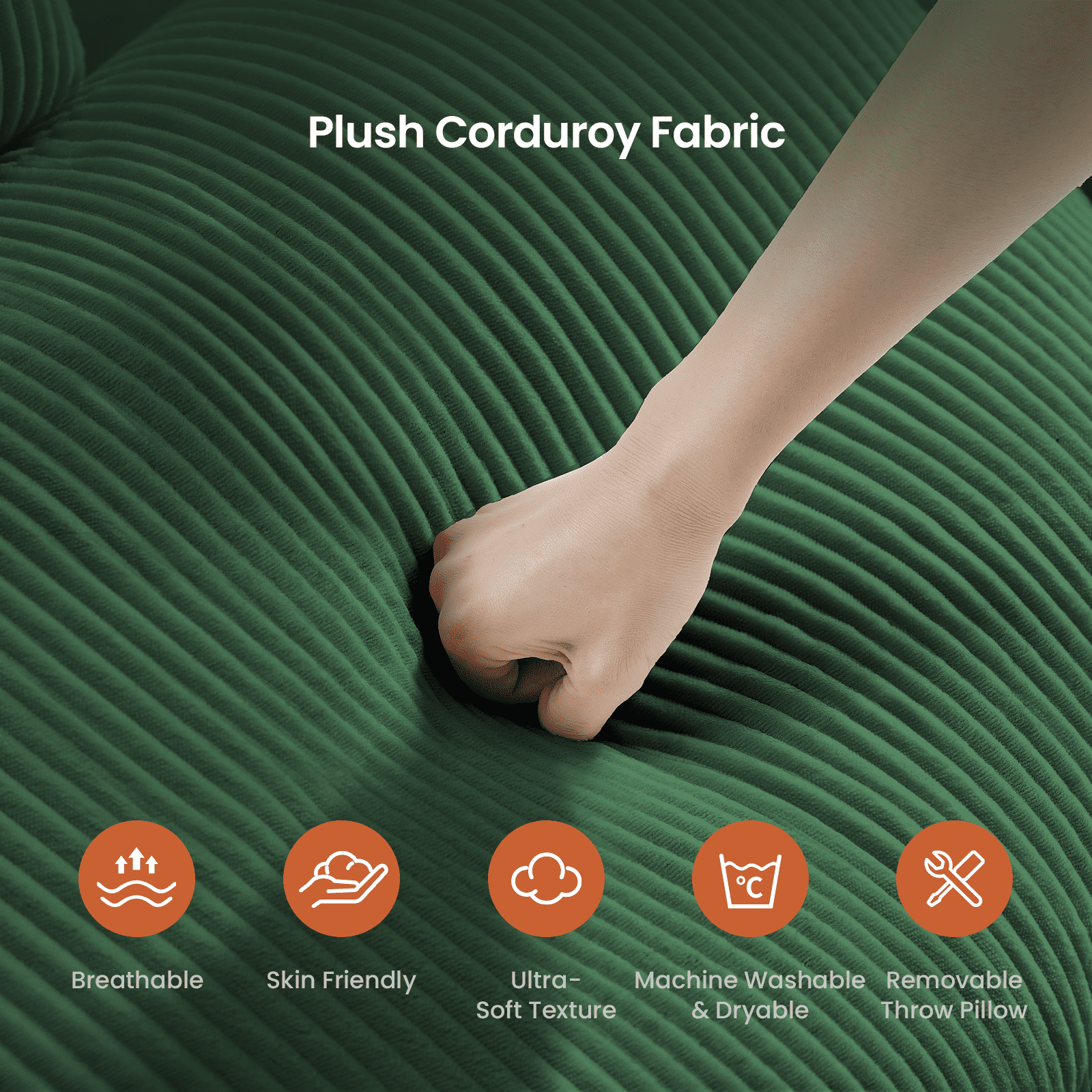 87" Cloud Comfy Sofa Couch with Deep Seat and Thick Cushion, Corduroy Upholstered Fabric Soft for Living Room Office, Green (Includes Headrest)