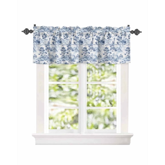 Kitchen Curtain Valances for Windows,Chinoiserie Garden Plant Hill Scene Rod Pocket Small Valance Asian Scenic Blue White Short Window Treatment for Bedroom Bathroom Living Room,54"x18"