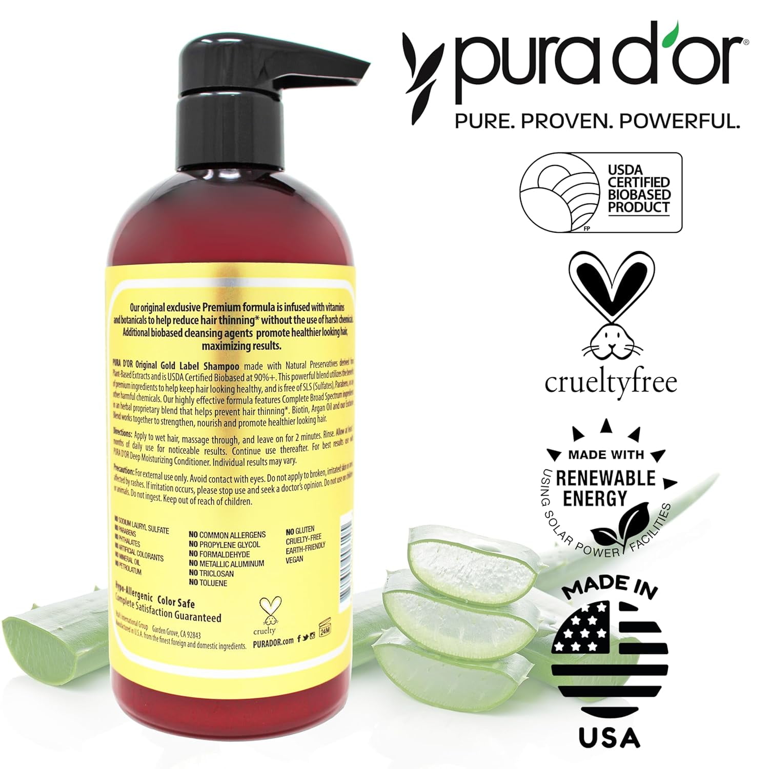 PURA D'OR Original Gold Label Anti Hair Thinning Biotin Thickening Daily Shampoo, Herbal, 16 fl oz
