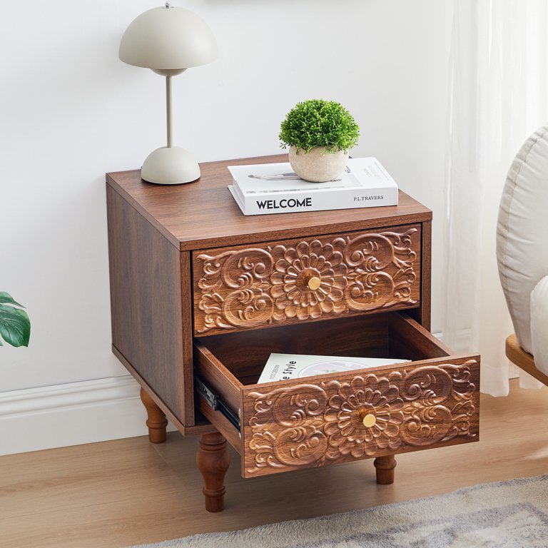 short dresser for end of bed Wirrytor Mid century Short Nightstand Set of 2 with 2 Drawers, Bedside Table 2 Drawer Dresser with Embossed Pattern, Storage End Table with Wooden