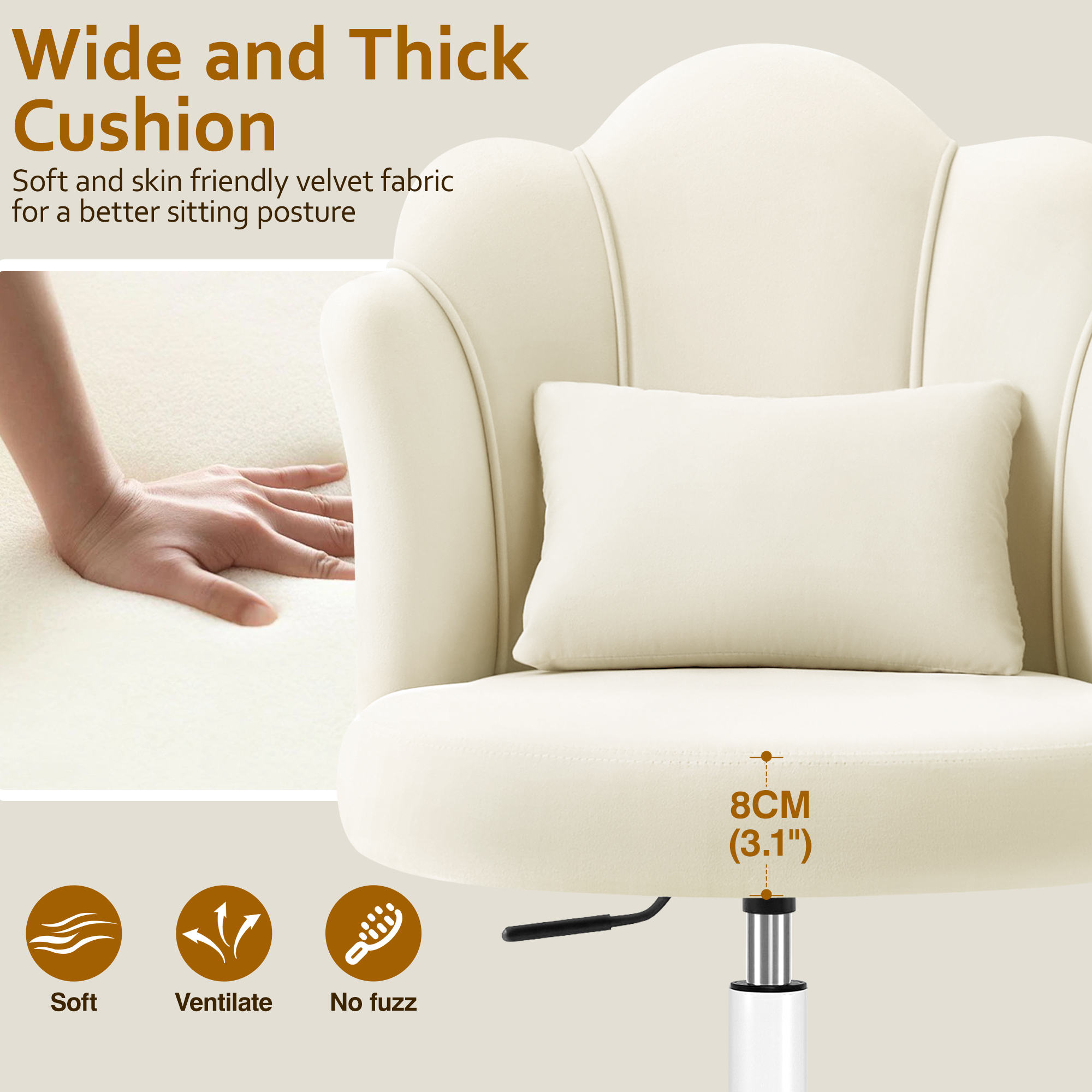 COOLHUT Vanity Chair, Velvet Petal Vanity Makeup Chair with Lumber Support, Home Office Desk Chair with Wheels, Height Adjustable Computer Work Chair for Bedroom, Living Room, Beige