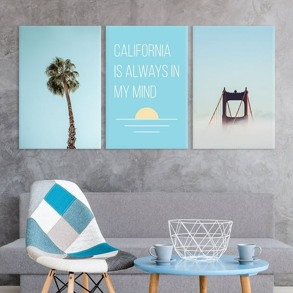 3 Panel Palm Tree and Golden Gate Bridge with California is Always in My Mind Quotes Gallery 24 x36 x 3 Panels