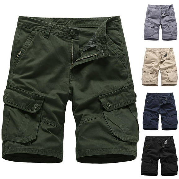 Wiicoznt Cargo Shorts for Men Cotton Summer Casual Solid Color Waist Band Shorts with Pockets and Zipper Breathable Quick Dry Holiday Short Pants Gifts for Men