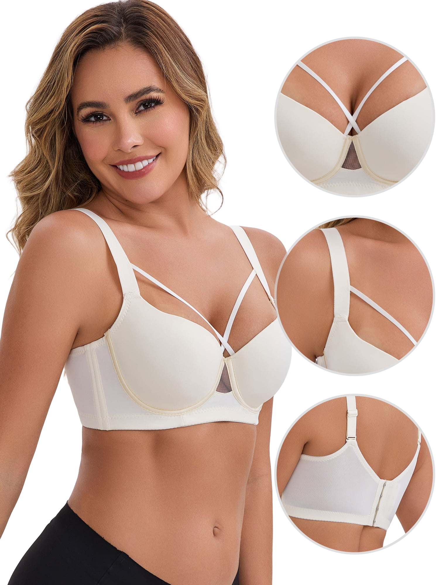 DARING DIVA Women's 3/4 Cup Push-Up Underwire Support Front Cross Lingerie 36B Light Beige