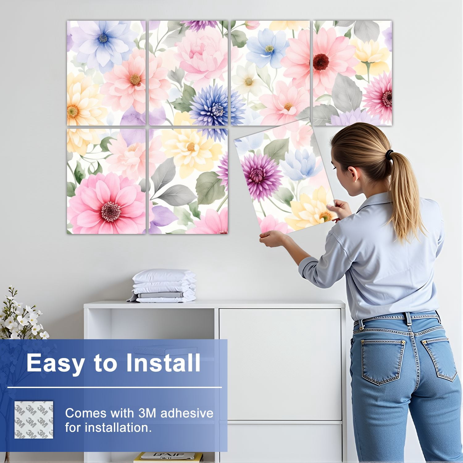 8 Pack Art Acoustic Panels Sound Absorbing Colorful Watercolor Floral Leaves Pastel Flowers Decorative Soundproof Wall Panels Self Adhesive for Nursery Game Room Bedroom 48"x32"