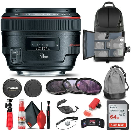 Canon EF 50mm F/1.2L USM Lens (1257B002) + Filter + BackPack + 64GB Card + More (International Version)
