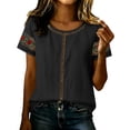 thumbnail image 4 of Ashirexll Summer Tops for Women Casual Linen Blouse Short Sleeve Floral Embroidery Lace Detail Summer Top for Daily, 4 of 7