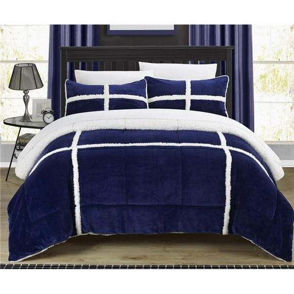 Chic Home CS2155-US Cindy Mink Sherpa Lined Comforter Set - Navy - King - 3 Piece