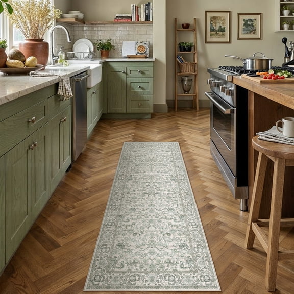BERTHMEER 2'x6' Washable Runner Rugs for Hallway Bathroom Bedroom Entryway Kitchen Non Slip Green Vintage Oriental Distressed Runner Rugs