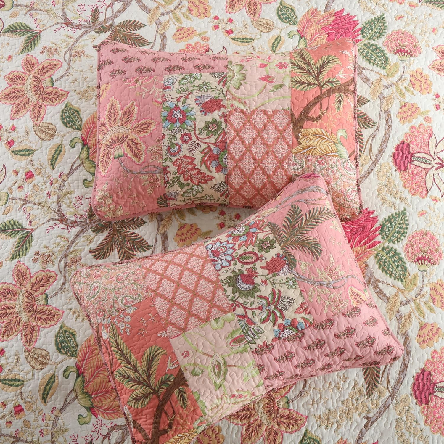 Nordmiex Patchwork Cotton Quilt Set Bohemian Pink Floral Bedding Set, California King
