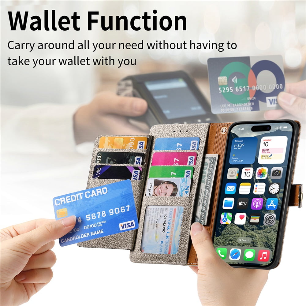 For iPhone 17 Pro Max Leather Phone Case Wallet Zipper Pocket Pouch Folio Flip Cover Kickstand, Multi Anti-theft Card Holder Cash Slot, Double Magnetic Buckle, Wrist Lanyard,Gray