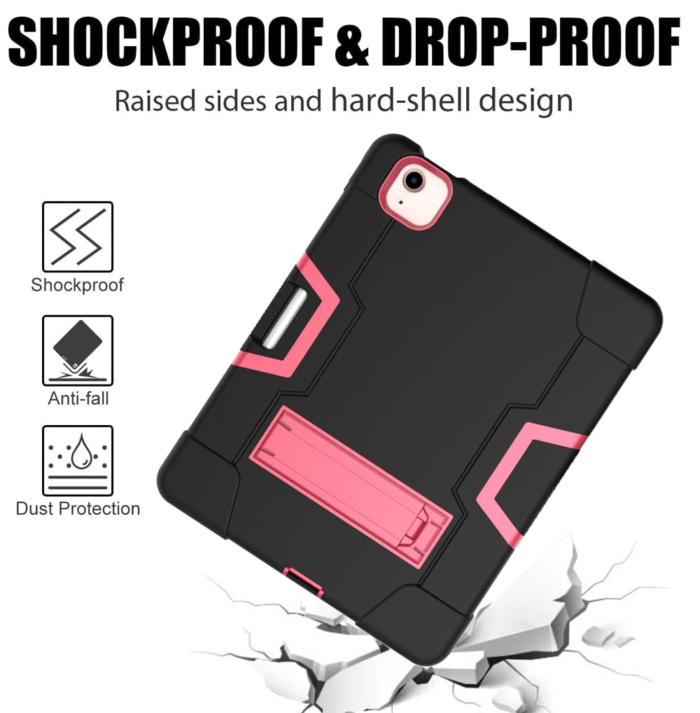 Allytech iPad Air 5 Case 2022, iPad Air 4 Case 2020, Heavy Duty Protection Shockproof Build In Kickstand Pencil Holder Kids Friendly Case for Apple iPad Air 5th 4th Generation, BlackBlack/Rose