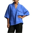 thumbnail image 2 of Dolkfu Elbow-Length Going Out&nbsp;Tops V-Neck Blue Polyester Retro Vintage Pull-on Modern Refined Solid Blouses & Tops Blue,Xl, 2 of 5