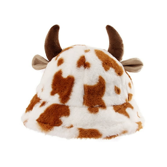 Aellinatey Cow Horn Bucket Hat Casual Cow Pattern Fisherman Cap Winter for Halloween Xmas
