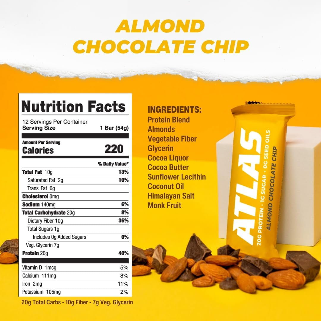 Atlas Bar, Keto Friendly & Grass Fed Whey Protein Bar, Almond Chocolate Chip, 15g Protein, 10 Bars