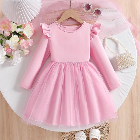 Girls Long Sleeve Tulle Dress with Ruffle Sleeves, Princess Party Dress for Kids Kids, Pink Casual Dress 2T-10,Size 7-8 T