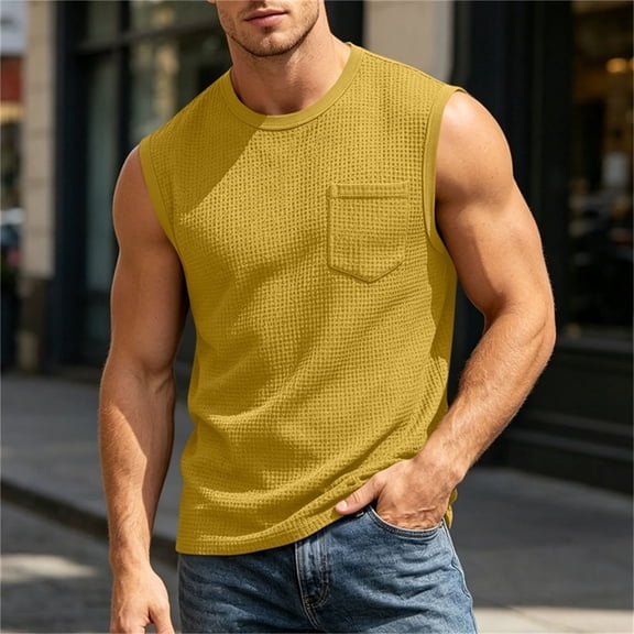 Xdegoge Mens Waffle Knit Sleeveless Muscle Tank Crewneck Chest Pocket Athletic Gym Workout Casual Summer Breathable Soft Fashion Slim Fit Sporty Tee Shirts Tops