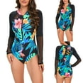 thumbnail image 2 of Jacenvly One Piece Swimsuits for Women 2024 New Style Long Sleeve Diving Suit Contrast Color Zip Front Surfing Swimwear Lightweight Ladies Fashion Multicolor Leaf Flower Print Green, 2 of 9