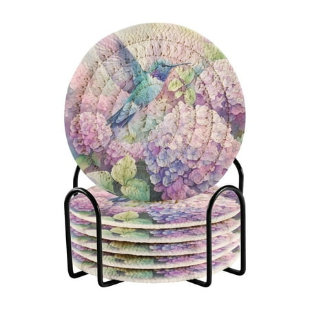 

Qxltty Colorful Pretty Bird Drink Coasters with Holder 6pcs Handmade Woven Simple Vintage Saucer Set