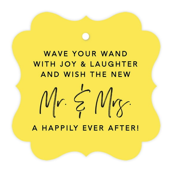 Koyal Wholesale Yellow Fancy Frame Wedding Ribbon Wand Favor Tags, Wave Your Wand With Joy & Laughter, 96-Pack