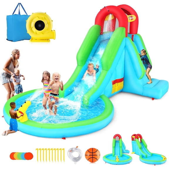Adnoom Bounce House with 322W Blower, Water Slide with Large Pool/Ball Pit, Inflatable Bounce House with Water Cannon, Climbing Wall, Bouncing Castle for Kids 3-10 Backyard, Party, Gift