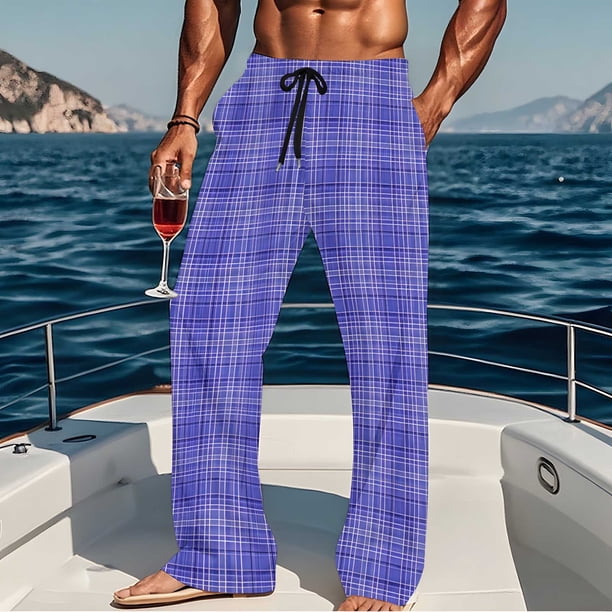 Pantalones de pijama largos para hombre, informales, con estampado a cuadros, holgados, deportivos, elásticos, rectos, vintage, con bolsillos