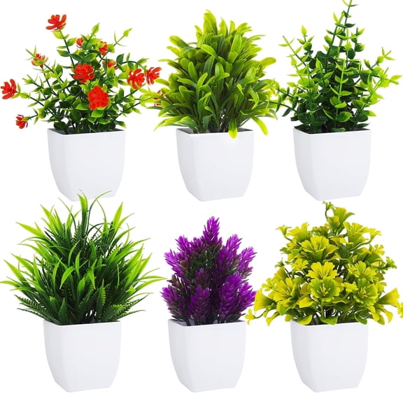 Fake Plants in Pot YOLETO 6 Pack Artificial Small Potted Faux Greenery with White Pots, Eucalyptus Home Decor for Office, Bookshelf, Kitchen & Room Decoration