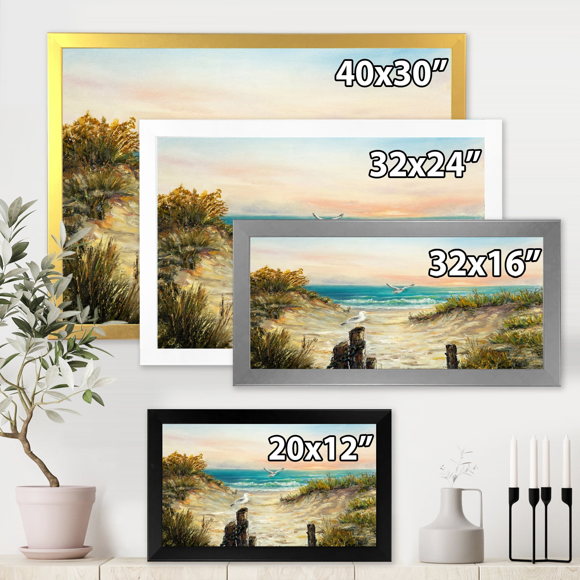 Ocean Dunes During Pink Sunset on Beach 40 in x 30 in Framed Painting Canvas Art Print, by Designart