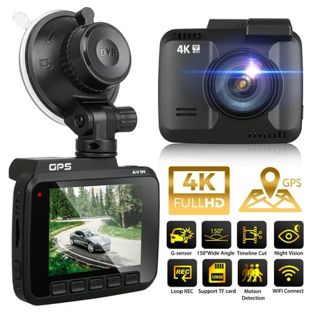 UHD 2160P Car Dash Cam with Built in WiFi & GPS, 4K Dashboard Camera Recorder with Night Vision, G-Sensor, Loop Recording, Emergency Video Lock, Motion Detection, Support SD Card 128GB