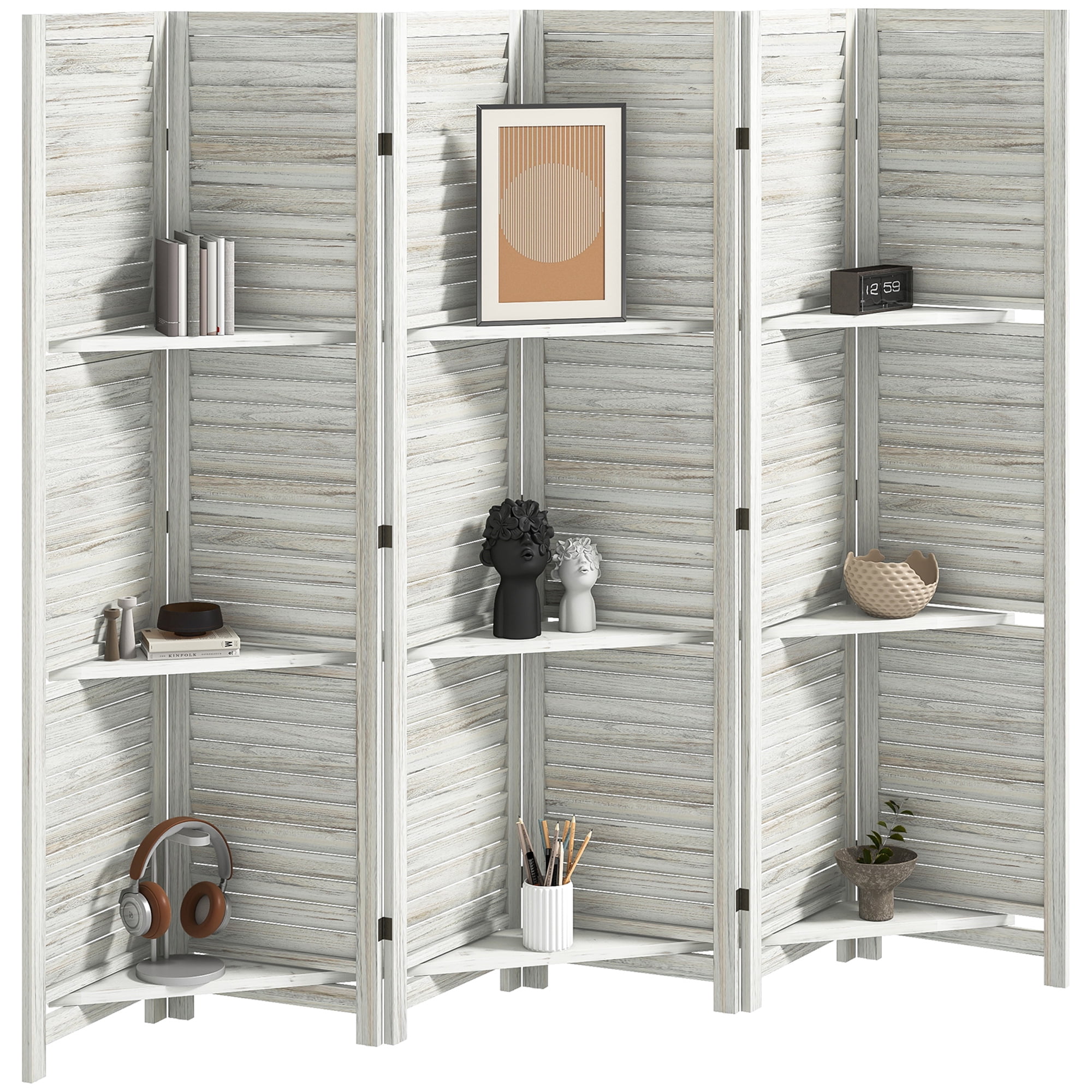 HOMCOM 6 Panel 67" Tall Wood Privacy Screen Room Divider with 3 Display Shelves, and Folding Storage for Bedroom or Home Office, Distressed White